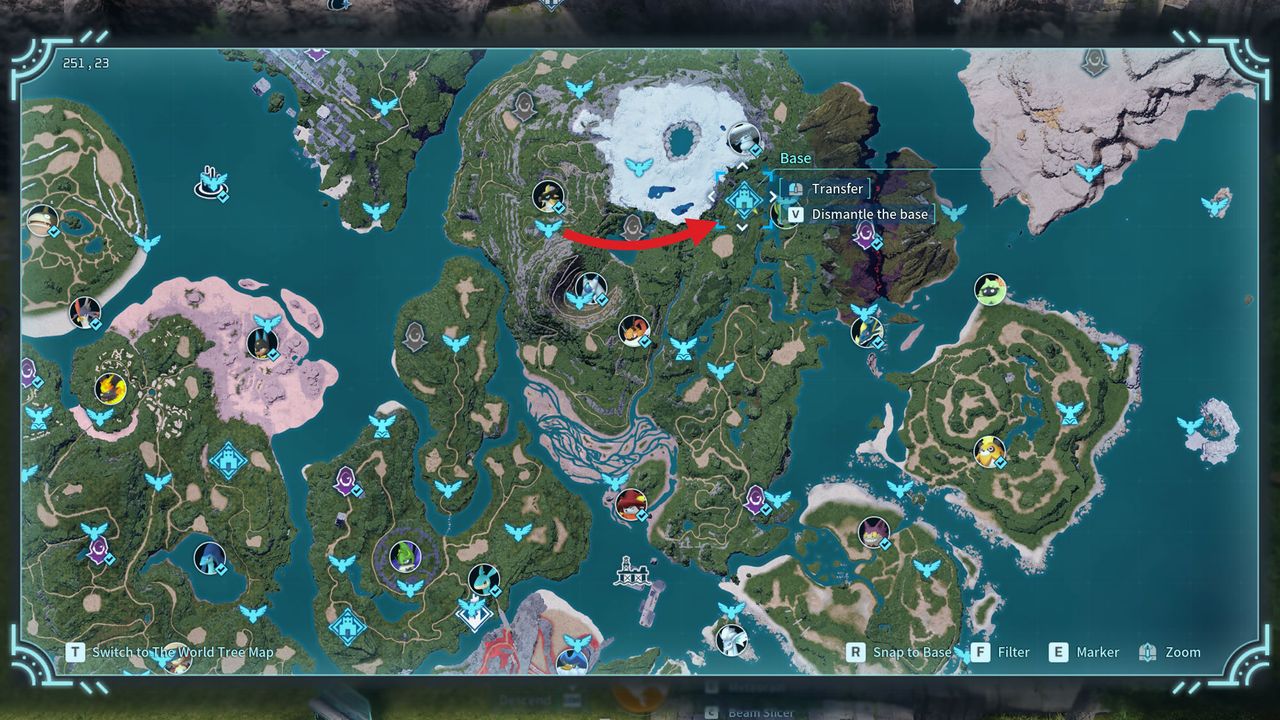 A Palworld map highlighting a base placed near Frostbound mountains.