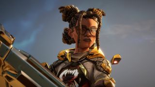Borderlands 4: A close-up of Harlowe looking down slightly with disdain while holding a large metal object mostly off-screen.