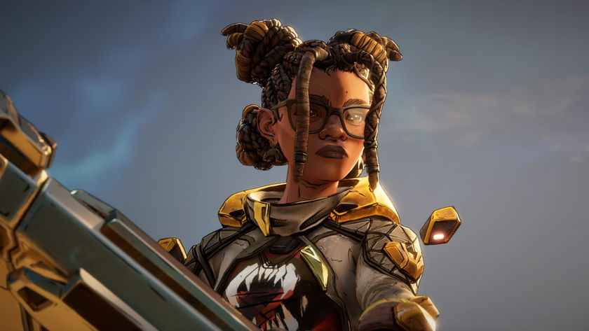 Borderlands 4: A close-up of Harlowe looking down slightly with disdain while holding a large metal object mostly off-screen.