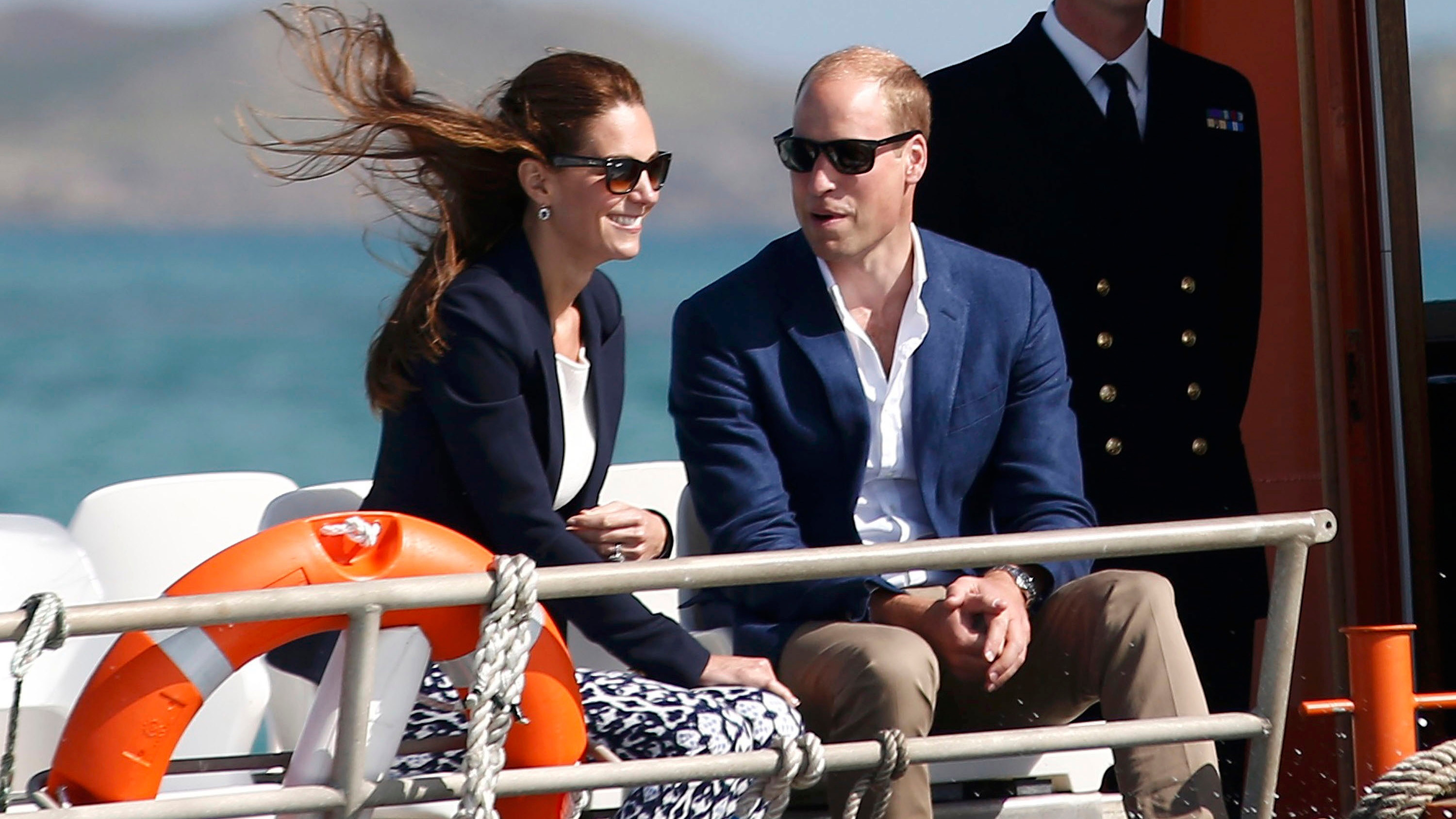 Prince William and Catherine, Princess of Wales travel by boat to St Martins, after visiting Tresco Abbey Garden on September 2, 2016