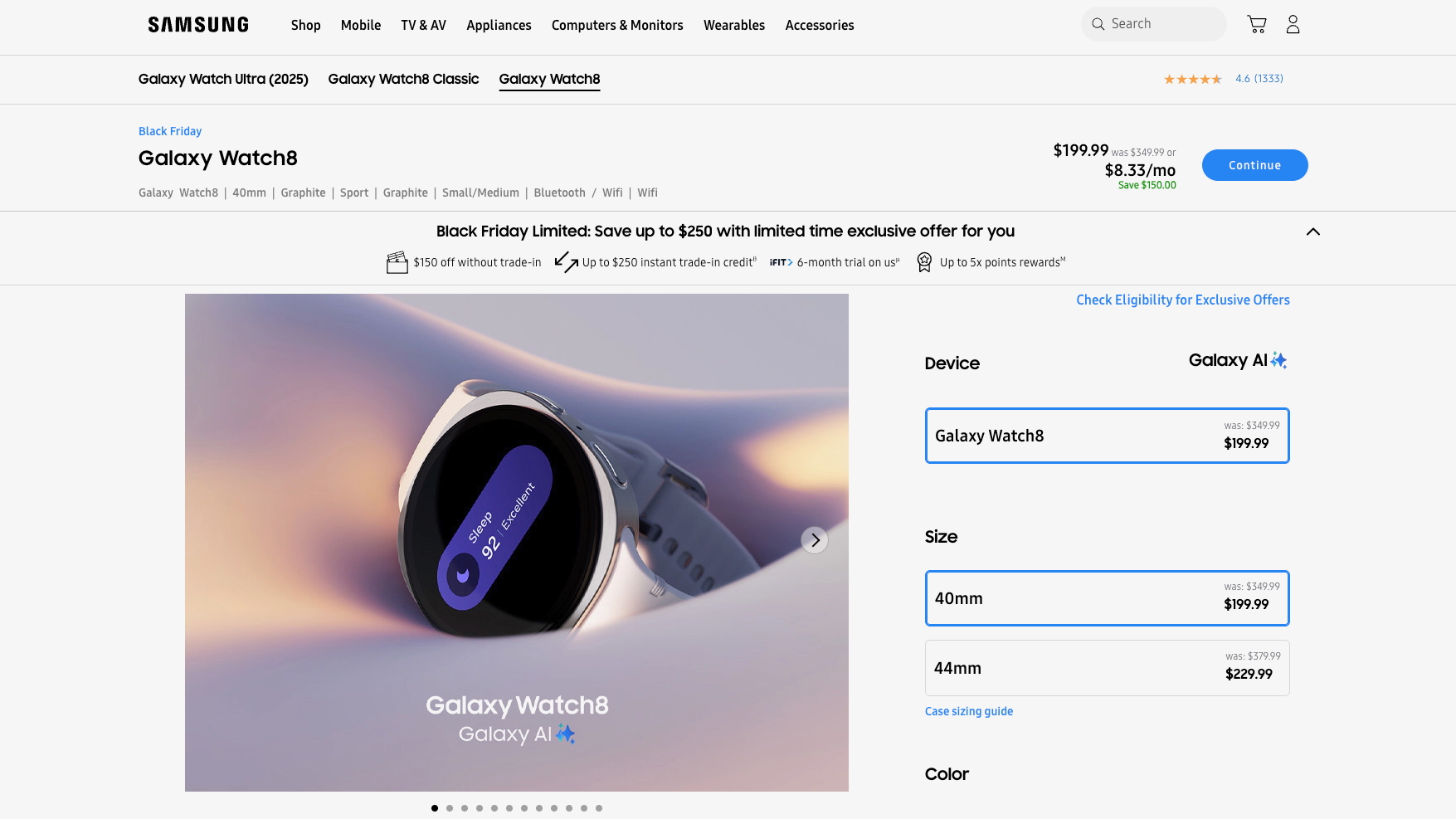 A screenshot of Samsung's website showing a Galaxy Watch 8 product page with a $199 price and &quot;$150 instant credit&quot; available.