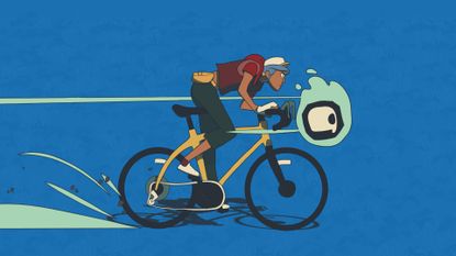 The main characters bombs along on their bicycle in the Wheel World key art, the biking spirit floating just ahead of the handlebars