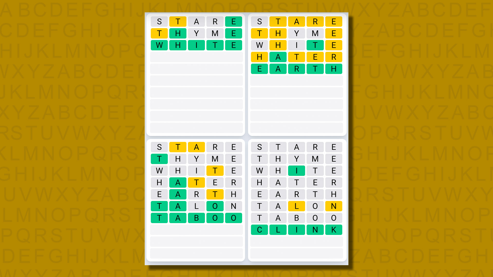 Quordle daily sequence answers for game 606 on a yellow background