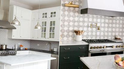 Should kitchen counter colors match an island? Here are two pictures of kitchen islands and countertops - one marble kitchen island with black countertops and white cabinets and one marble island with white countertops and black cabinets behind it