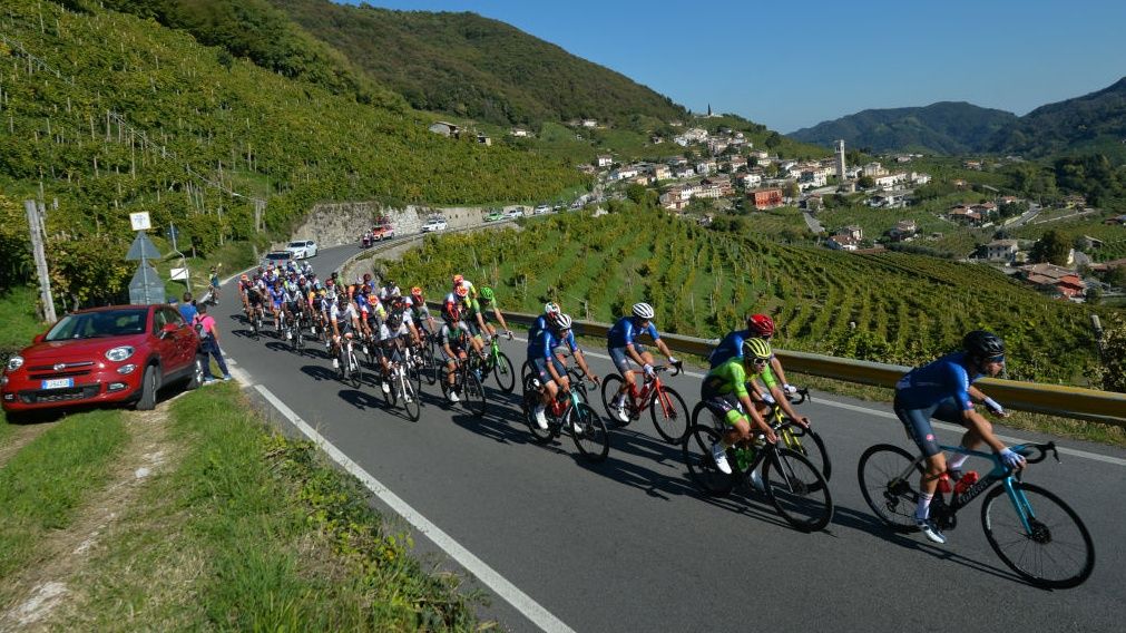 The peloton rides the nothern part of Veneto wine-producing region ahead of the Veneto Classic live stream 2024