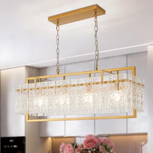 Depuley Dining Room Rectangle Chandeliers: 4-Light Gold Rectangle Water Ripple Glass Chandelier for Kitchen Island - 34 Inch Large Modern Rectangular Crystal Pendant Light Fixture for Bar Table