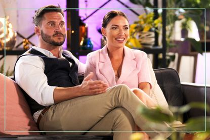 April and George sat on a sofa while filming Married at First Sight