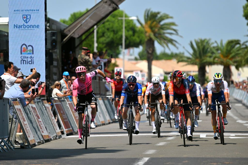 GRUISSAN FRANCE JUNE 15 LR Marijn van den Berg of The Netherlands and Team EF EducationEasyPost celebrates at finish line as stage winner ahead of Paul Penhot of France and Team Groupama FDJ Elia Viviani of Italy and Team INEOS Grenadiers and Sandy Dujardin of France and Team TotalEnergies during the 47th La Route DOccitanieLa Depeche Du Midi 2023 Stage 1 a 1843km stage from Narbonne to Gruissan on June 15 2023 in Gruissan France Photo by Luc ClaessenGetty Images