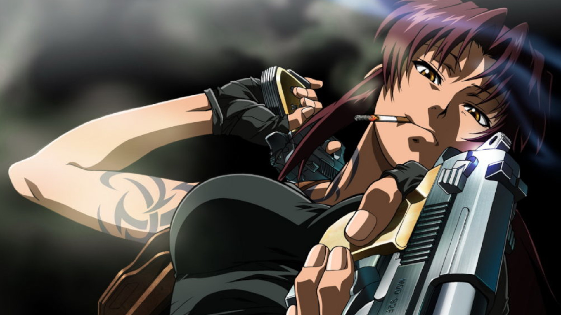 A woman with a tattoo holding up a gun and smoking a cigarette during the anime Black Lagoon.
