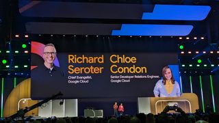 Richard Seroter and Chloe Condon onstage at Google Cloud Next 2024.