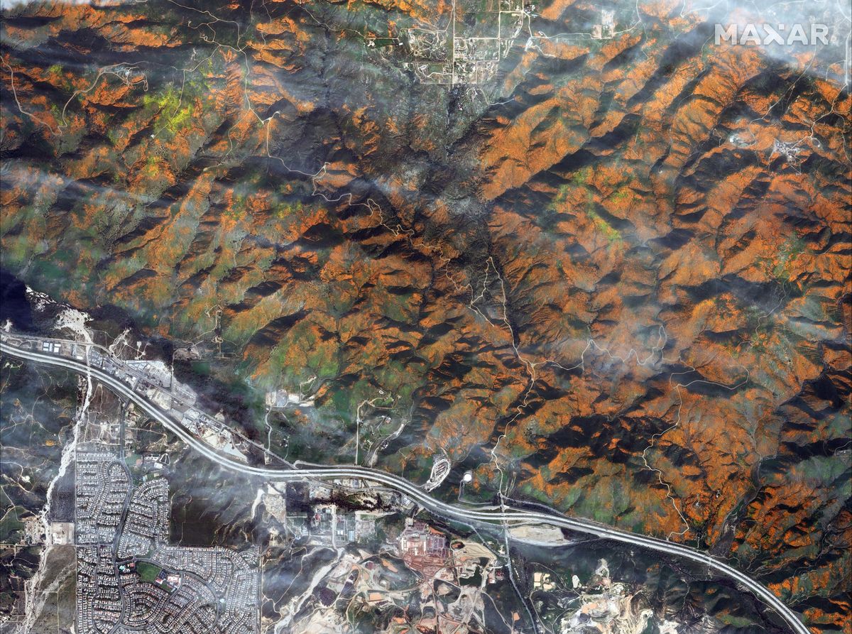 An overview of Walker Canyon in California on March 19, 2019, when DigitalGlobe satellites spotted a colorful superbloom of flowers.