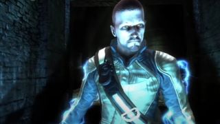 Cole glowing with power in a tunnel in Infamous.