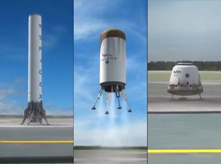 These three stills from a SpaceX video depict the three components of a planned fully reusable rocket launching system, including a first stage (left), second stage (center) and crew capsule.