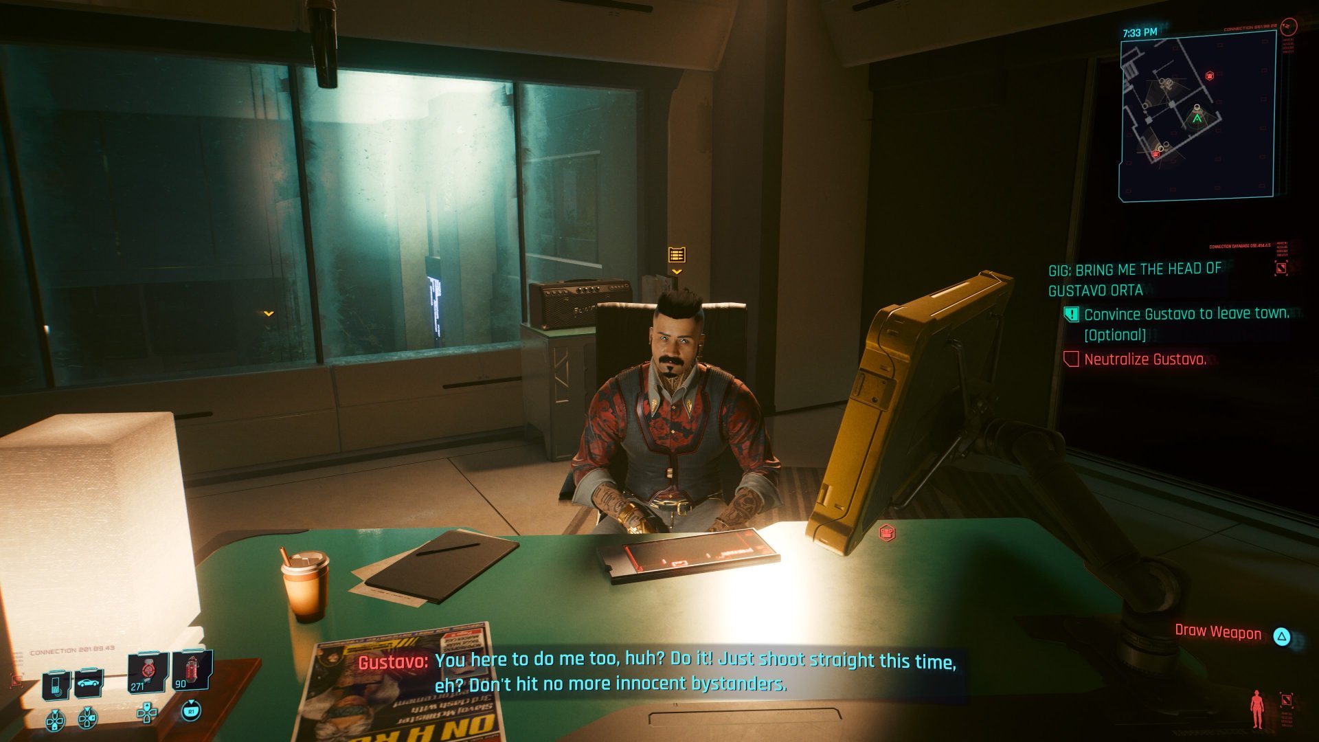Cyberpunk 2077 screenshot of Gustavo Orta being confronted in his office during the gig Bring me the Head of Gustavo Orta