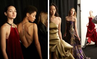 Three models wearing evening gowns