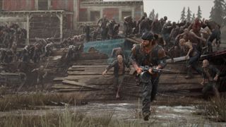 Days Gone Remastered protagonist Deacon running from hundreds of zombies in the rain