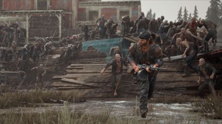 Days Gone Remastered protagonist Deacon running from hundreds of zombies in the rain