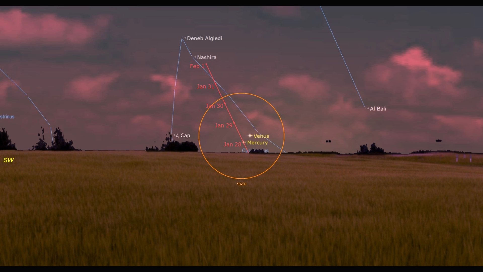 A map of the night sky with an orange circle showing labeled dots for Mercury and Venus close together.