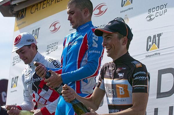 Stage seven podium (l-r): Luke Fetch (2nd,Search2Retain), Valery Valynin (1st,Team Russia) and Samuel Davis (3rd,Plan B Racing).