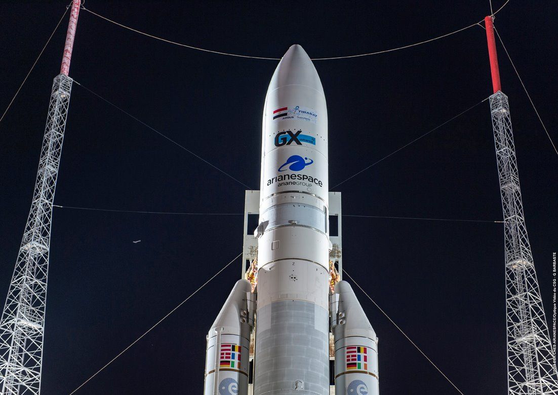 An Ariane 5 rocket stands ready for launch at the Guiana Space Center near Kourou, French Guiana, ahead of the VA250 mission to launch the Tiba-1 and Inmarsat GX5 communications satellites into orbit.