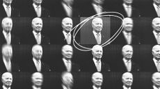 Dozens of portraits of Joe Biden out of focus, with one one clear image circled