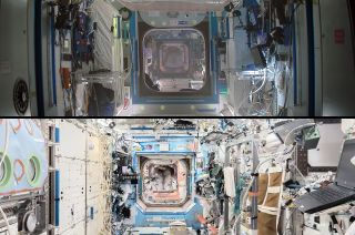 two photos, one on top of the other, showing white-walled rooms lined with scientific equipment.