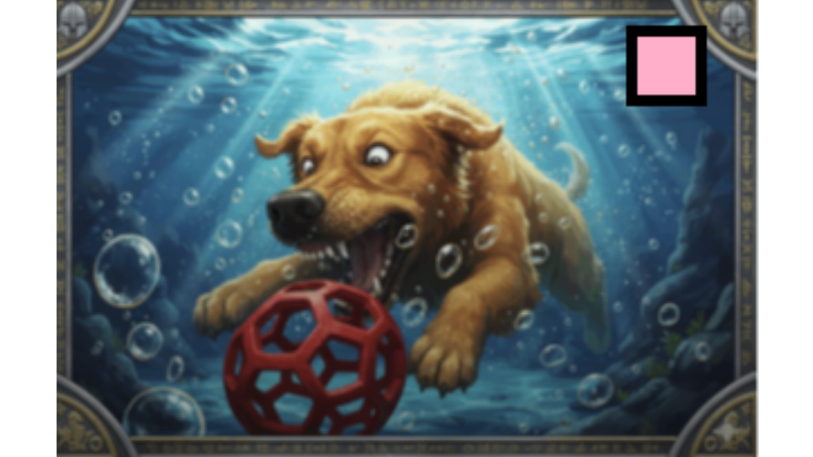 AI-generated image of dog playing with ball underwater 