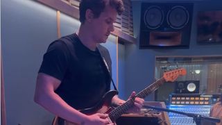 John Mayer in the studio with his Fender Stratocaster.