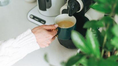 Are coffee makers toxic? two pod coffee makers with a hand holding a cup of coffee underneath