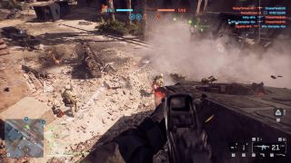 Battlefield 6 multiplayer gameplay showing a player firing their gun into players located below them