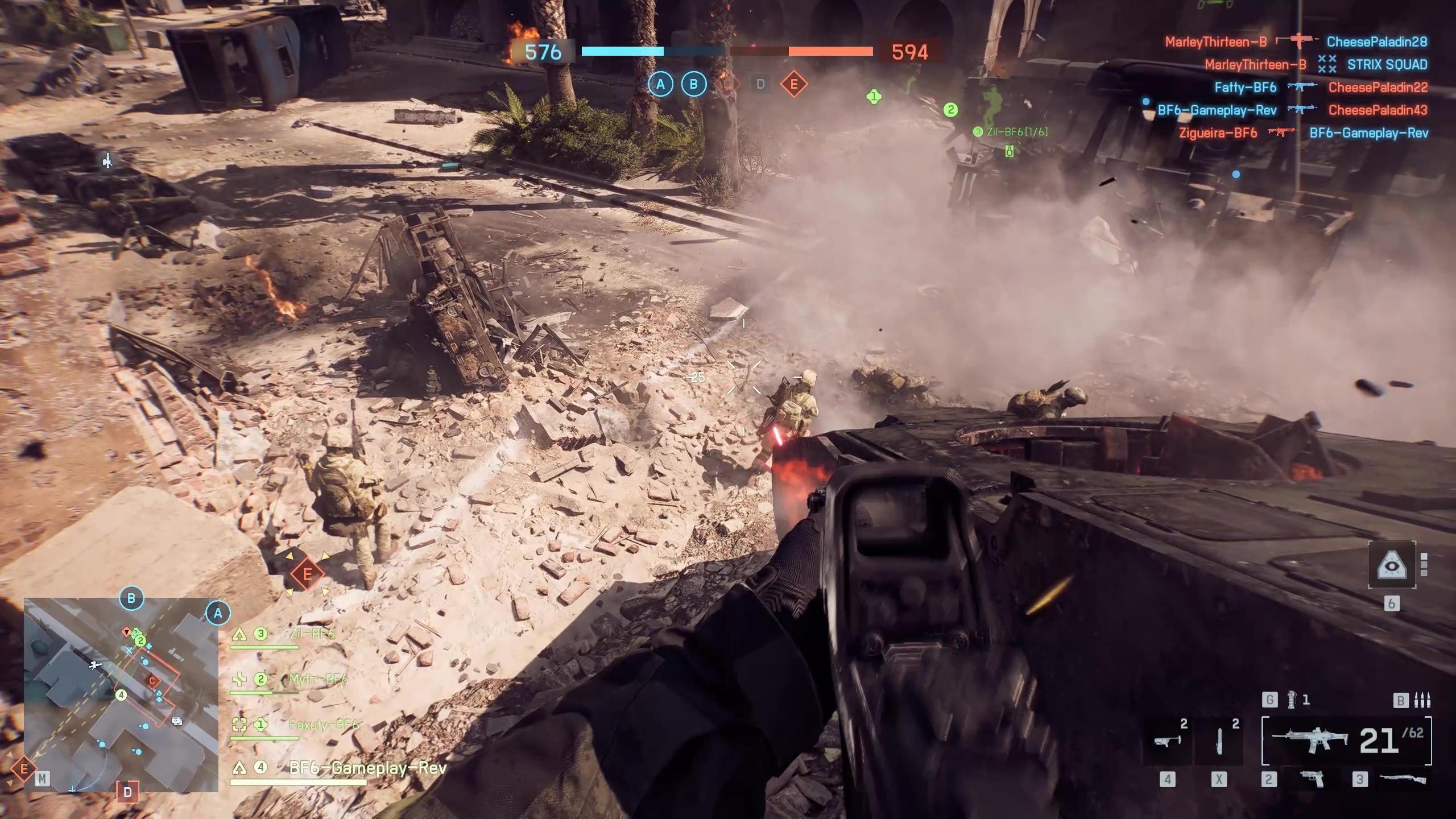 Battlefield 6 multiplayer gameplay showing a player firing their gun into players located below them
