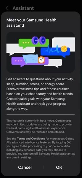A screenshot of Samsung's Health Assistant test, informing users that they can ask the AI about their "activity, sleep, nutrition" and more for personalized answers.
