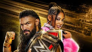 (L, R) Roman Reigns and Bianca Belair in the graphic for WWE Night of Champions 2023 live streams