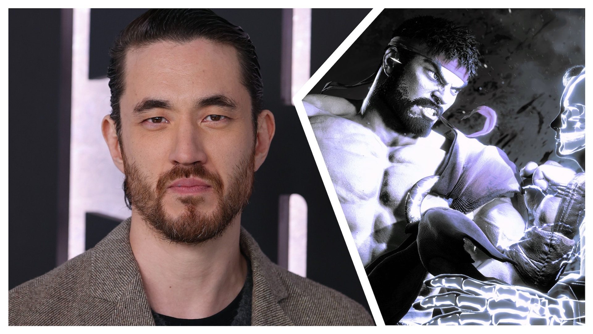 Andrew Koji on the left with a close up of his face and on the right is Ken from Street Fighter