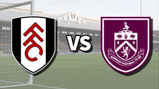 The Fulham and Burnley club badges on top of a photo of Craven Cottage in London, England
