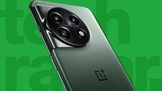 Best OnePlus Phones background with OnePlus 11 camera on TechRadar green background