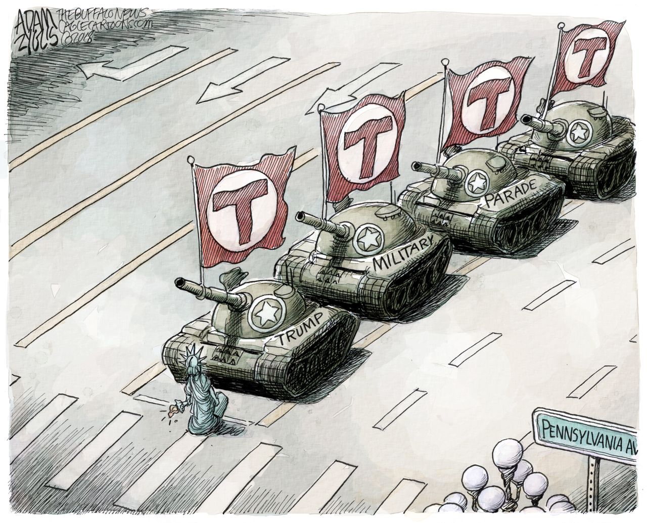 Political cartoon U.S. Trump military parade justice