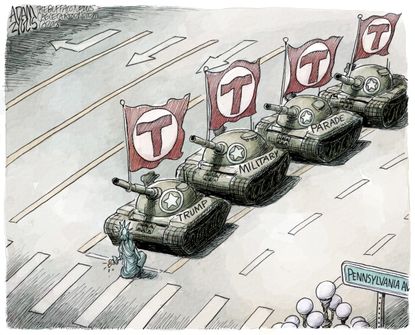 Political cartoon U.S. Trump military parade justice