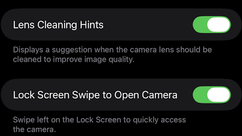 The Lens Cleaning Hints toggle in iOS