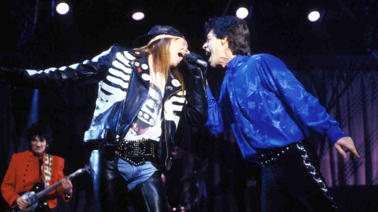 Guns N&amp;rsquo; Roses&amp;rsquo; Axl Rose and Rolling Stones&amp;rsquo; Mick Jagger performing onstage together in 1989