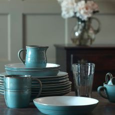 blue colour plates and tea cup and glass