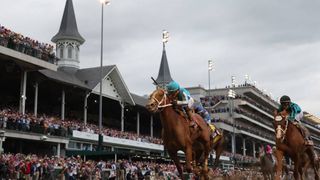 Mage #8, ridden by jockey Javier Castellano crosses the finish line to win the 149th running of the Kentucky Derby at Churchill Downs on May 06, 2023 in Louisville, Kentucky. 