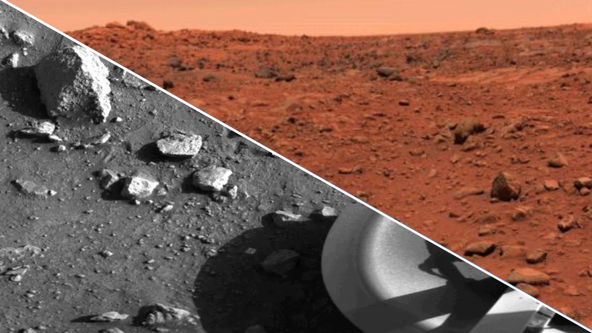 Two images show different sides of Mars, one being a grayscale image and the other being bright orange.