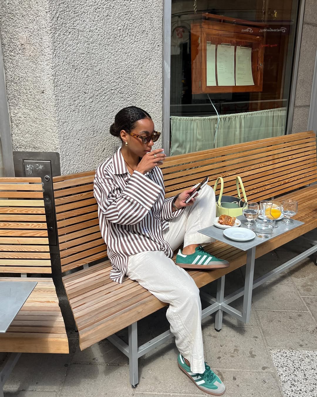 Striped shirt and jeans jeans outfits - White Denim + Chocolate Stripes