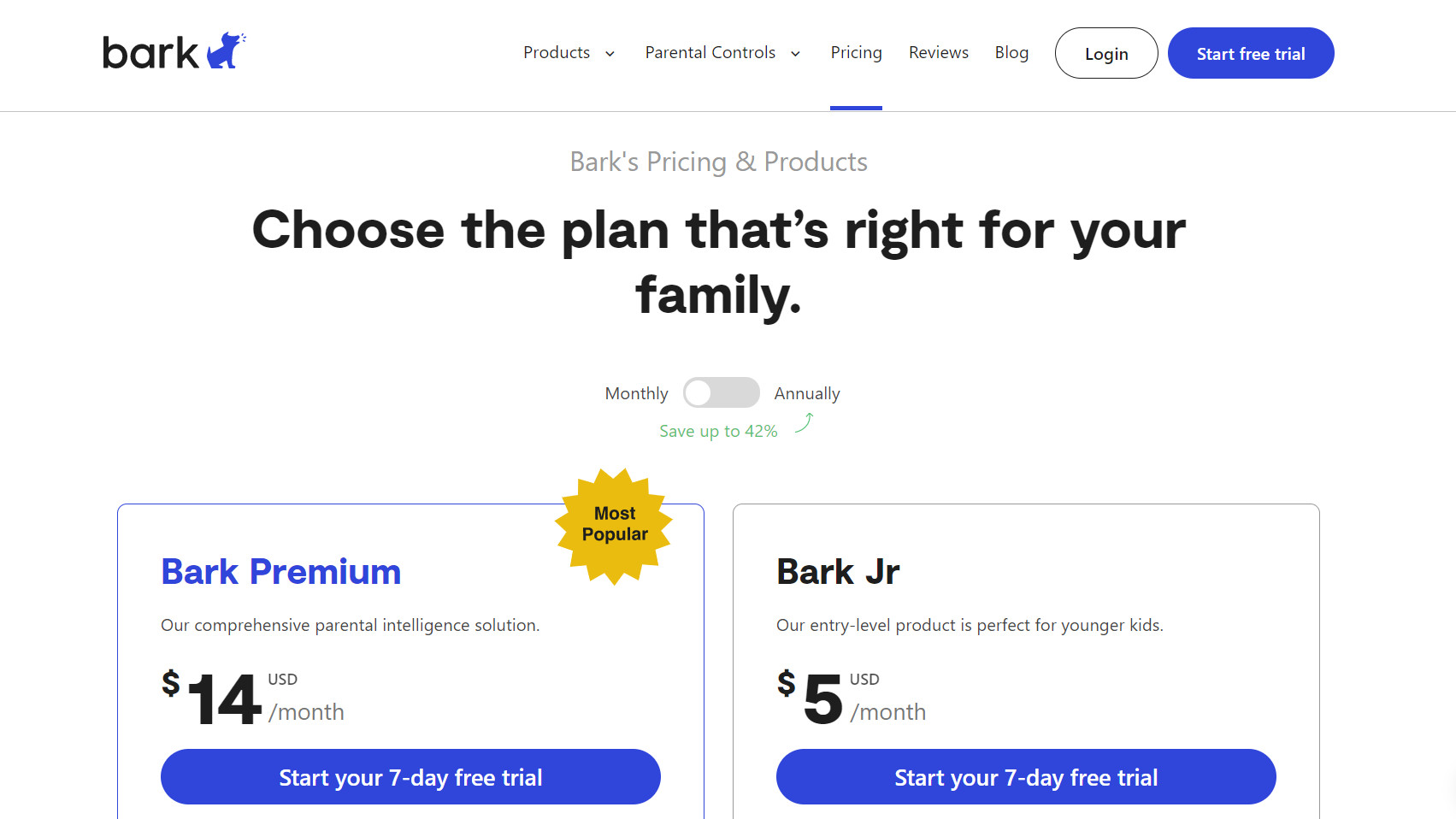 Screenshot showing Bark pricing plans
