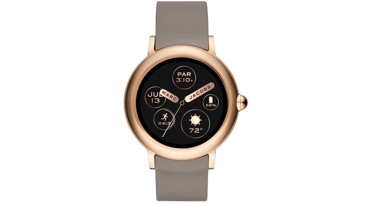 Marc Jacobs Riley smartwatch with rose gold-tone case and a grey silicone strap