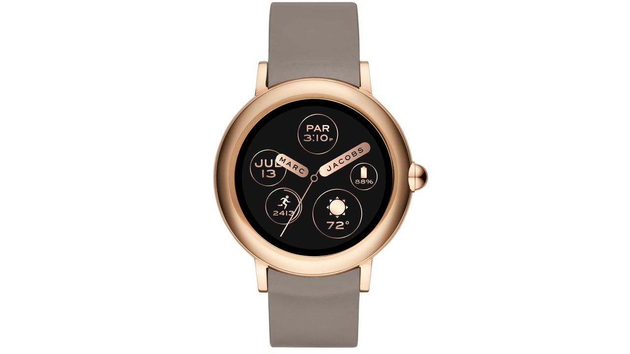 Marc Jacobs Riley smartwatch with rose gold-tone case and a grey silicone strap