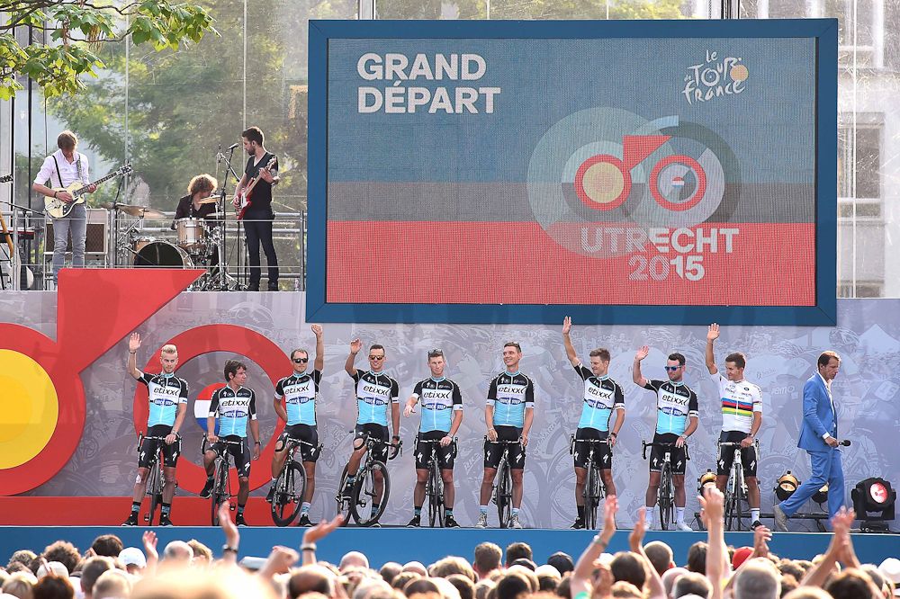 Etixx-QuickStep on stage during the 2015 Tour de France team presentation in Utrecht.