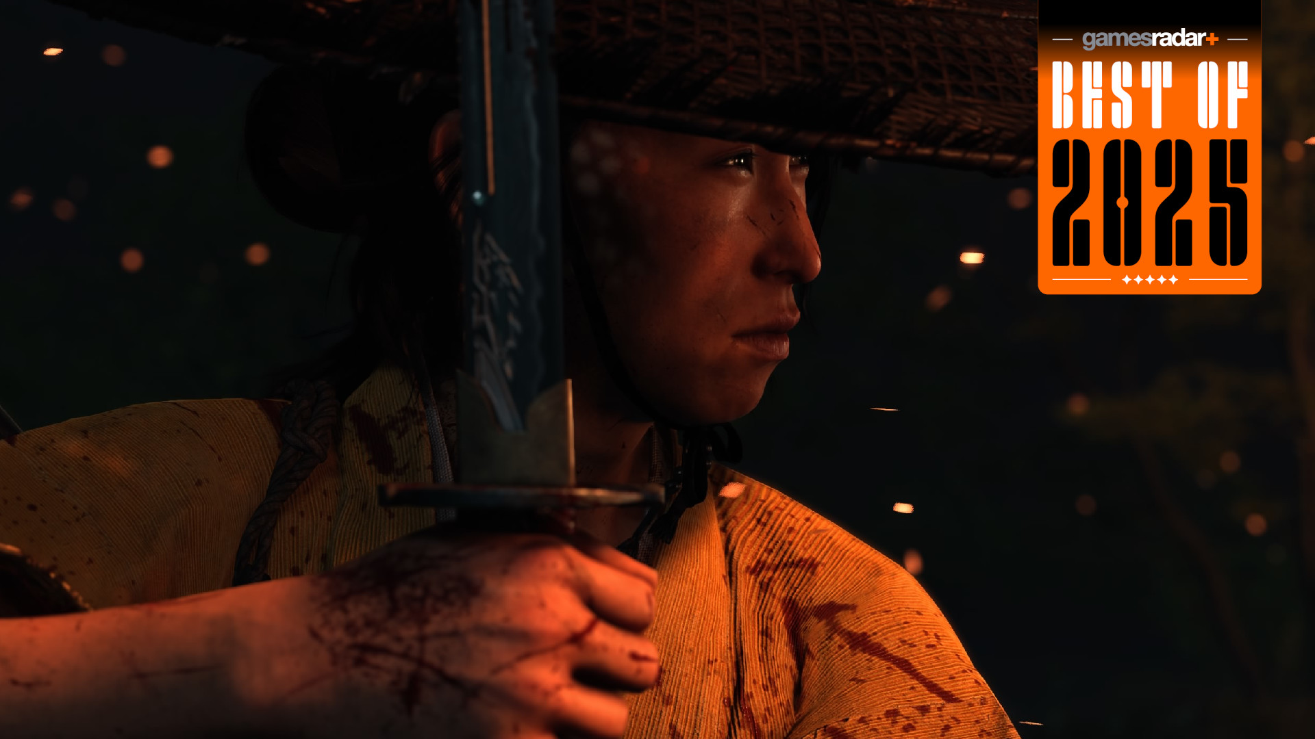 Atsu holds a sword, lit by flame, in Ghost of Yotei, with a badge saying 'GamesRadar+ Best of 2025'