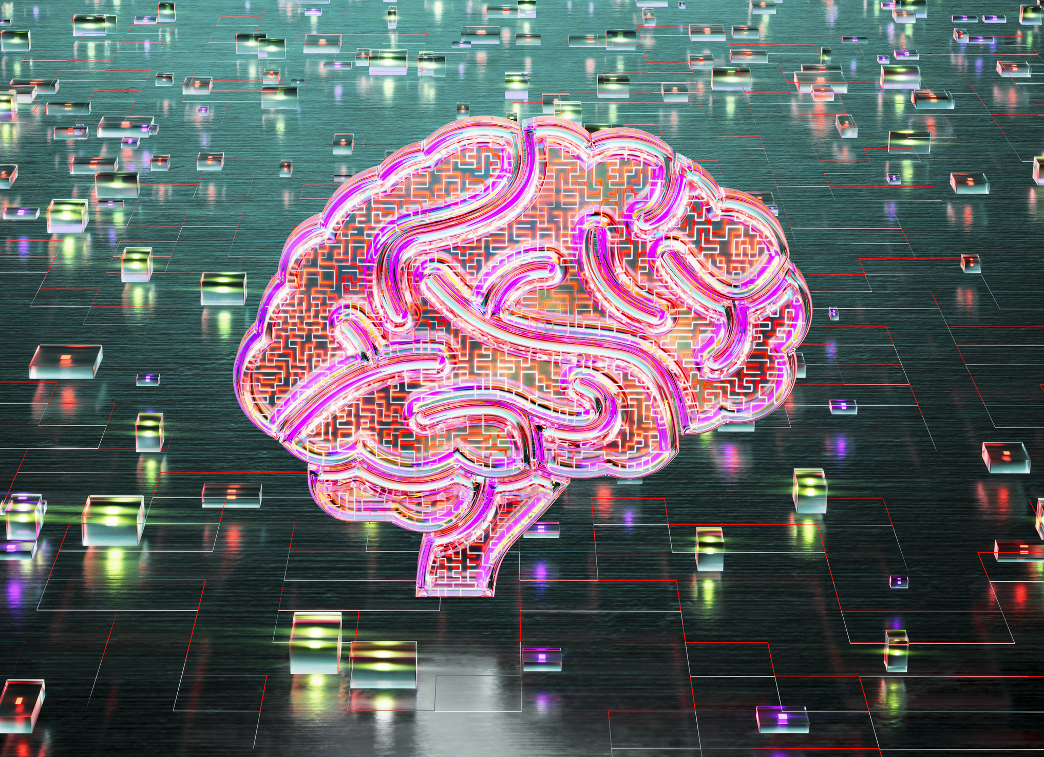 Generative AI concept art featuring a glass human brain on digital background